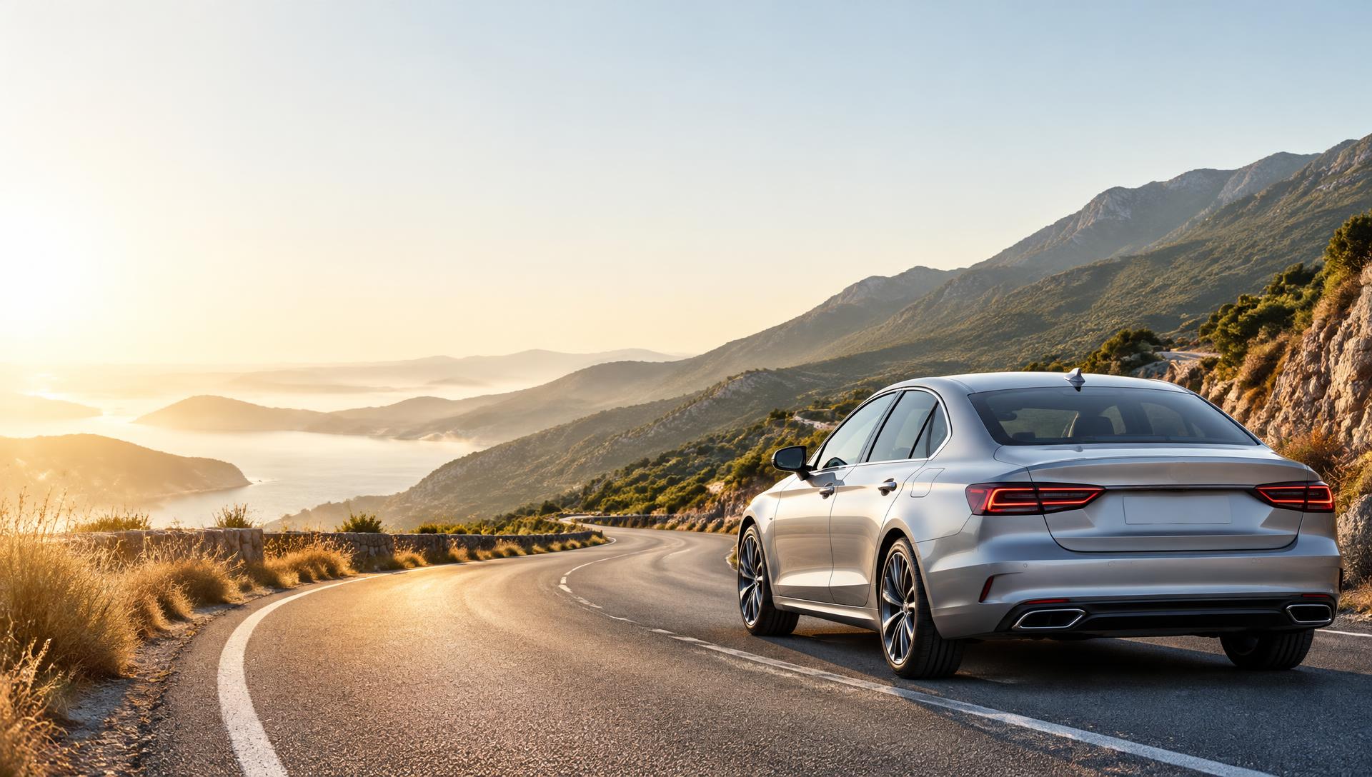 Silver sedan on a sunlit mountain road