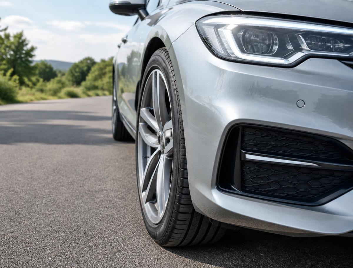 Close view of a sedan tire and headlight for a pre-trip check